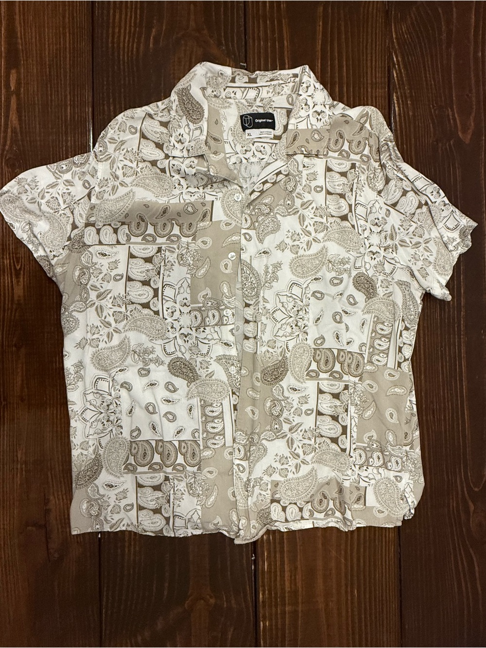 Original Use Beige and White Paisley Patchwork Short Sleeve Shirt